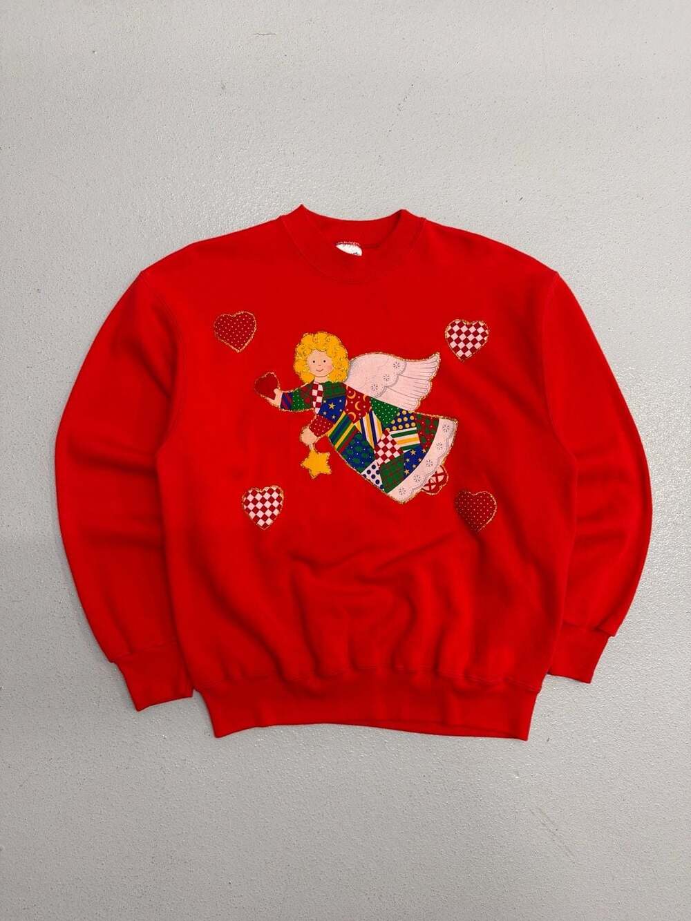 Vintage 90s Red Christmas Angel Patch with 3 Hearts Crewneck Sweatshirt